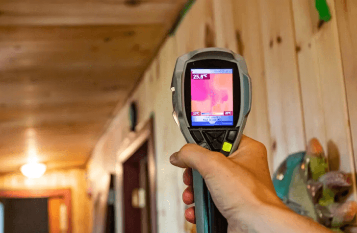 Hand holding thermal imaging camera showing temperature readings of HVAC system in basement.