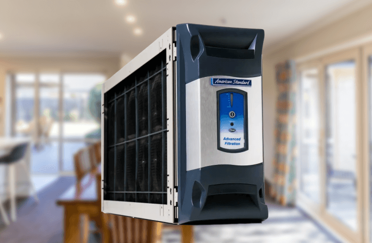 American Standard Advanced Filtration air purifier unit with blue control panel displayed in modern home interior.