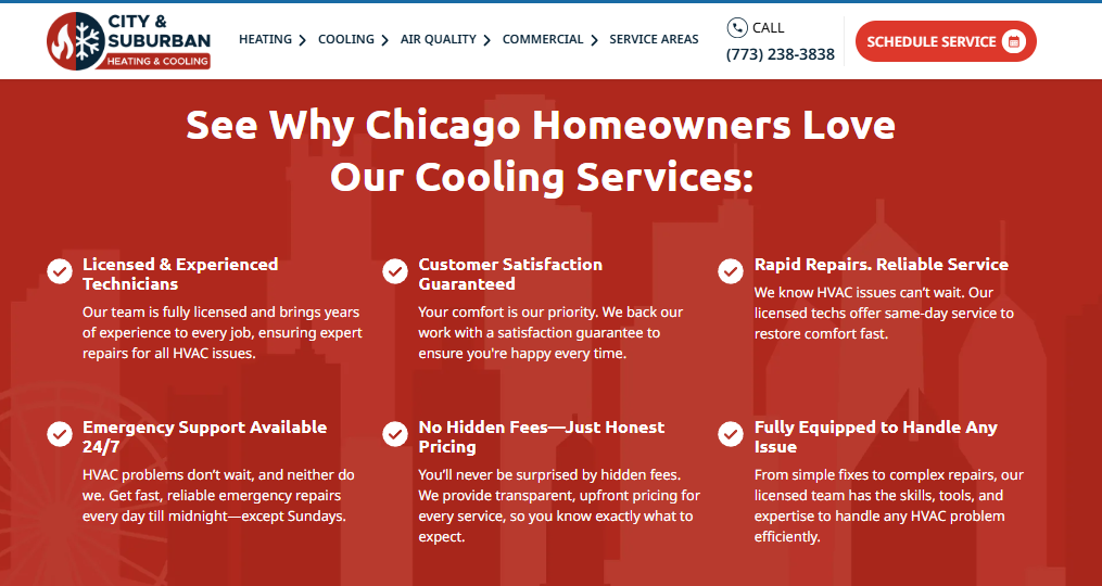 City & Suburban Heating & Cooling Chicago page listing licensed technicians and emergency cooling repair terms