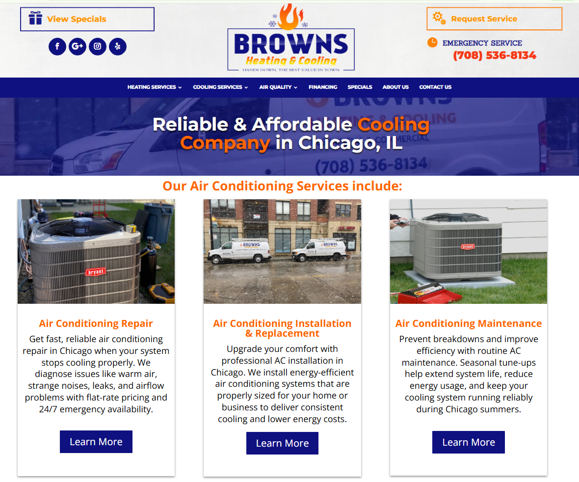 Browns Heating & Cooling Chicago site showing AC repair, installation, and maintenance service cards