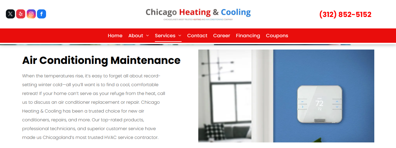 Chicago Heating & Cooling air conditioning maintenance page describing AC repair and replacement options