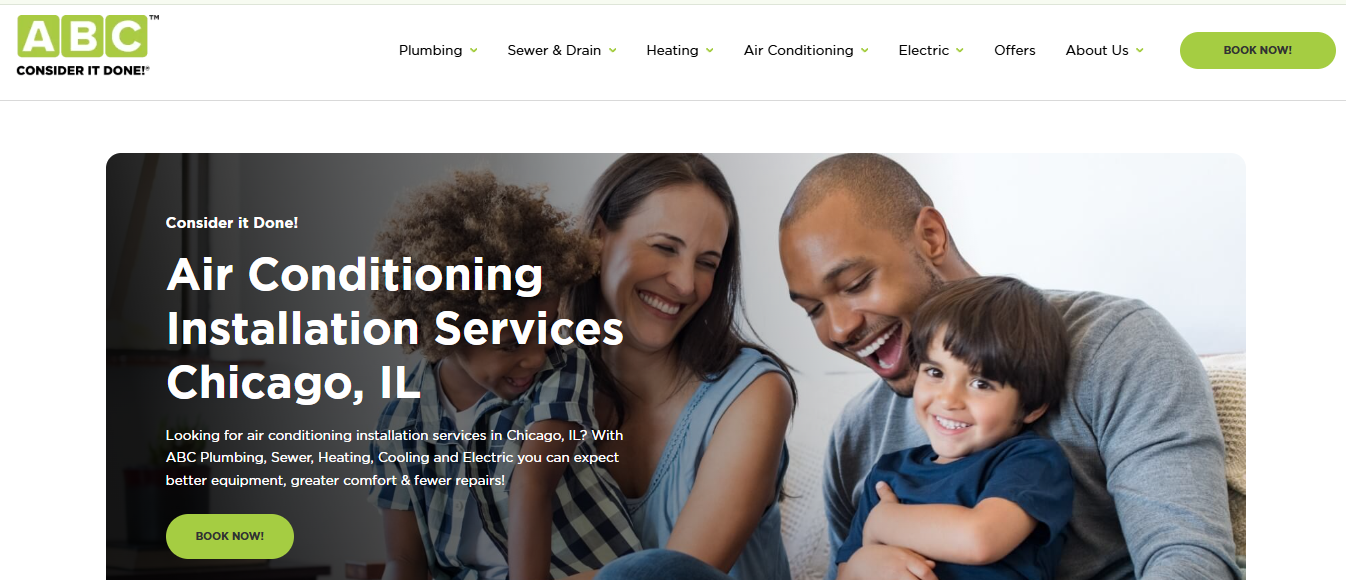 ABC Plumbing Sewer Heating Cooling Electric air conditioning installation services page for Chicago