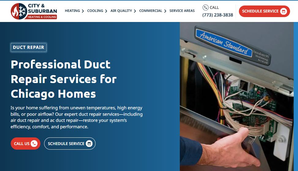 City & Suburban Heating & Cooling duct repair page with a technician servicing an American Standard furnace in Chicago