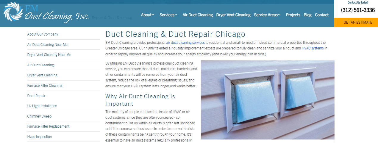 EM Duct Cleaning Chicago page covering air duct cleaning, duct repair, dryer vent cleaning, and HVAC inspection services