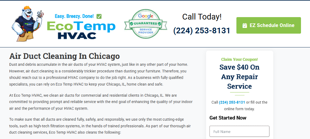 Eco Temp HVAC Chicago air duct cleaning page with Google Guaranteed badge, phone number, and $40 repair coupon