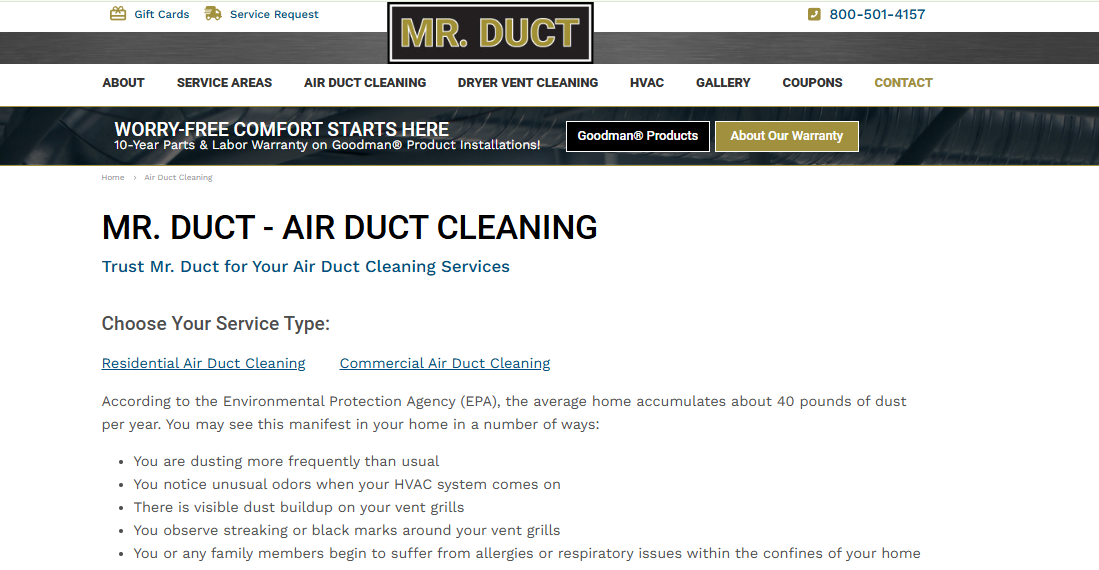 Mr. Duct air duct cleaning page listing residential and commercial options plus warning signs of dust buildup at vent grills