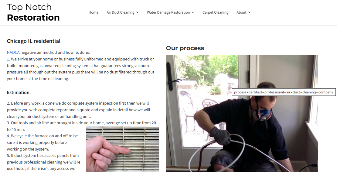 Top Notch Restoration duct cleaning process page describing the NADCA negative air method and full system inspection