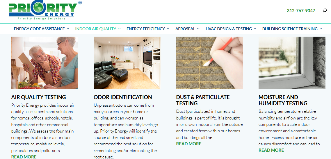 Priority Energy indoor air quality services showing air quality testing, odor identification, dust and moisture testing in Chicago