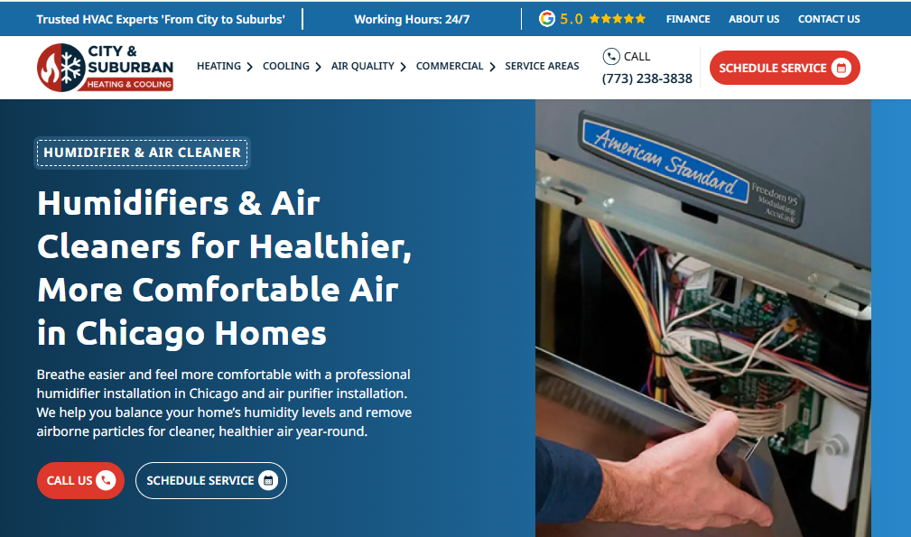 City & Suburban Heating & Cooling humidifier and air cleaner page for Chicago homes, with technician servicing an American Standard furnace
