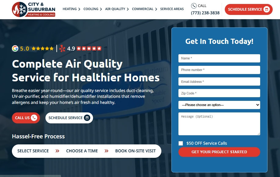 City and Suburban Heating and Cooling site showing 5.0 Google and 4.9 Yelp ratings and $50 off service calls