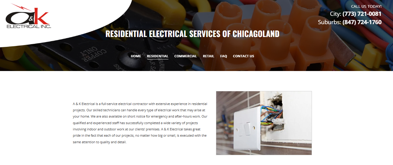 A and K Electrical residential services page for Chicagoland with separate city and suburban phone numbers