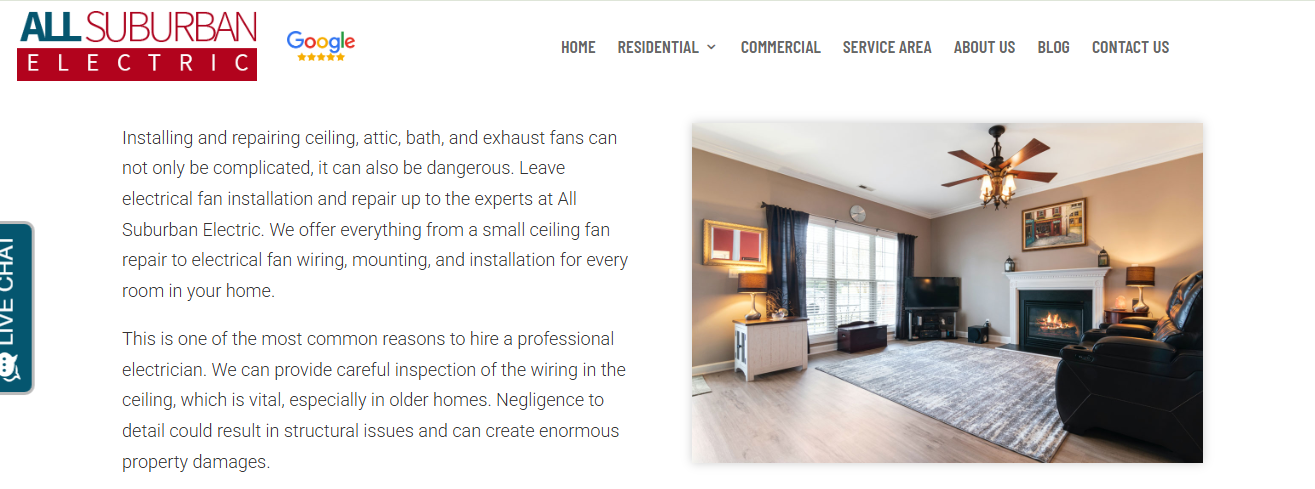 All Suburban Electric ceiling fan repair and installation page for Chicago homes, with living room fan photo
