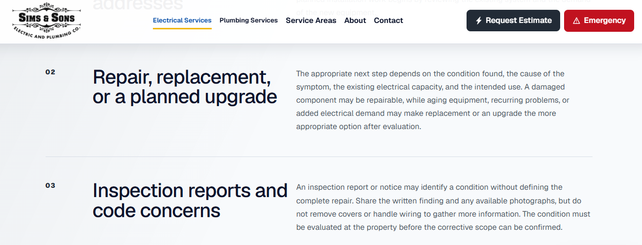 Sims and Sons Electric and Plumbing page explaining repair, replacement, and inspection report code concerns