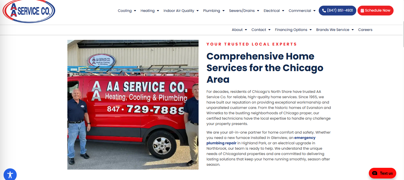 AA Service Co Chicago home services page showing HVAC, plumbing, and electrical van with two technicians