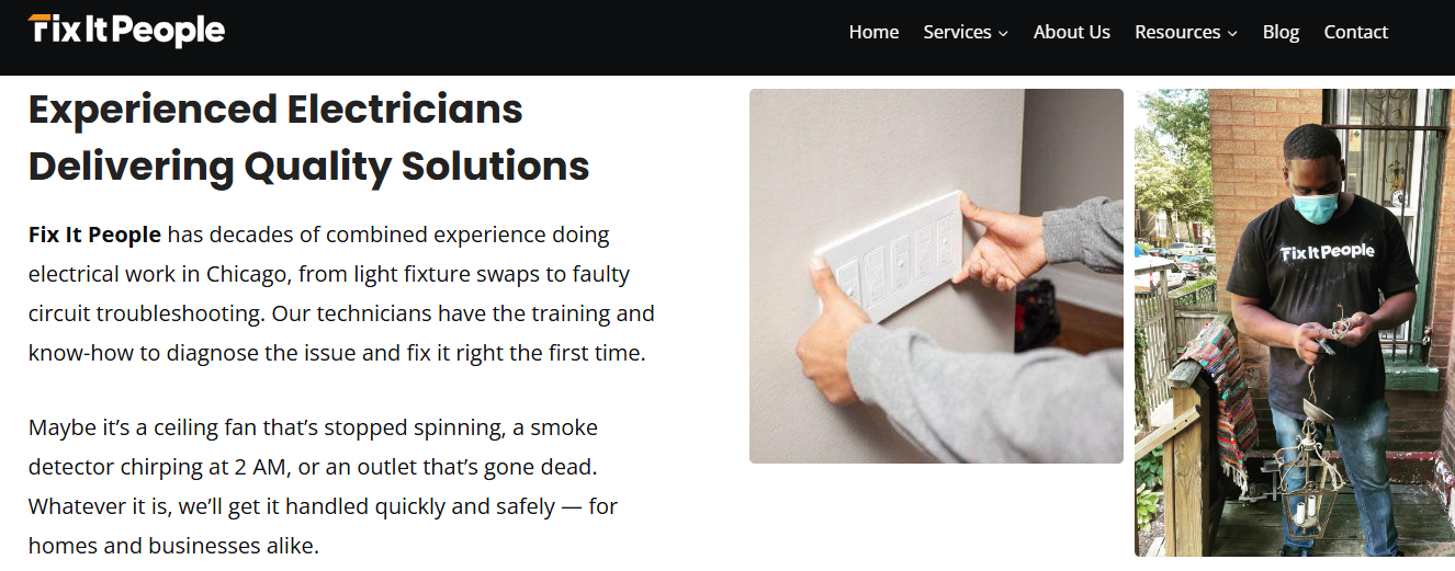 Fix It People Chicago electricians page referencing a ceiling fan that stopped spinning and dead outlets