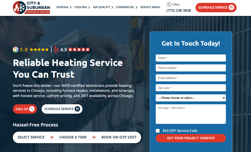 City and Suburban Heating and Cooling homepage with 5.0 Google and 4.9 Yelp ratings and service booking form