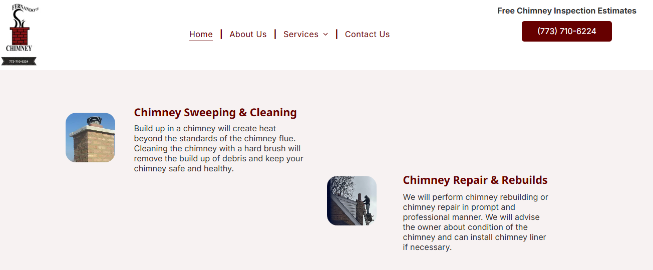 Fernando's Chimney website showing chimney sweeping, cleaning, and chimney repair and rebuild services in Chicago