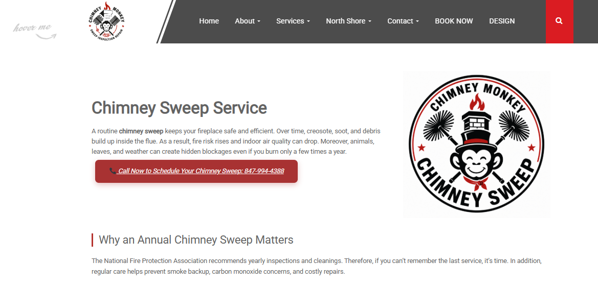 Chimney Monkey chimney sweep service page explaining creosote buildup, blockages, and annual sweep scheduling
