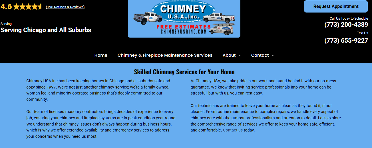Chimney USA Inc chimney and fireplace maintenance services page with appointment request and text-us contact options