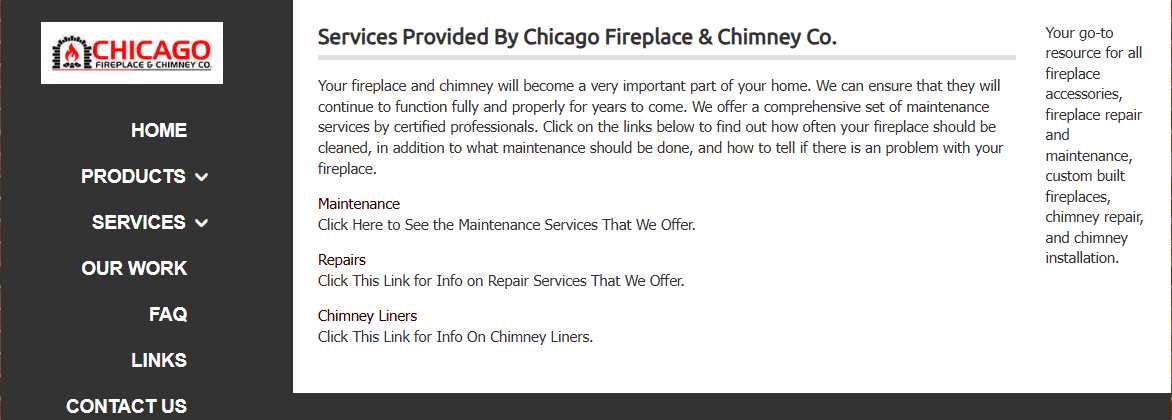 Chicago Fireplace and Chimney Co services page linking to maintenance, repairs, and chimney liner information