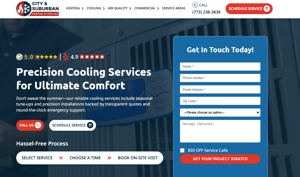 City & Suburban Heating & Cooling Chicago cooling page with 5.0 Google and 4.9 Yelp ratings