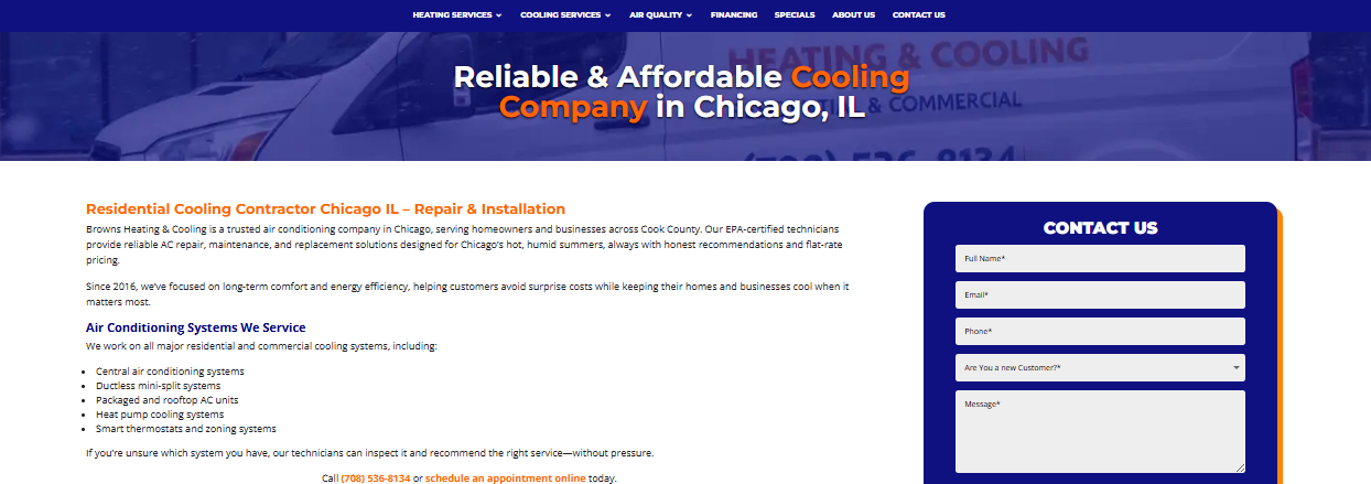 Browns Heating & Cooling Chicago cooling page listing central, ductless mini-split, and rooftop AC repair services