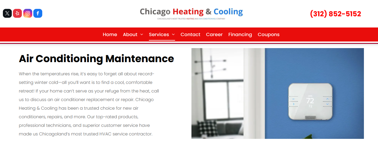 Chicago Heating & Cooling air conditioning maintenance page with smart thermostat and repair or replace guidance