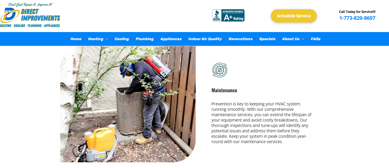 Direct Improvements technician servicing an outdoor condenser during a Chicago air conditioning maintenance visit