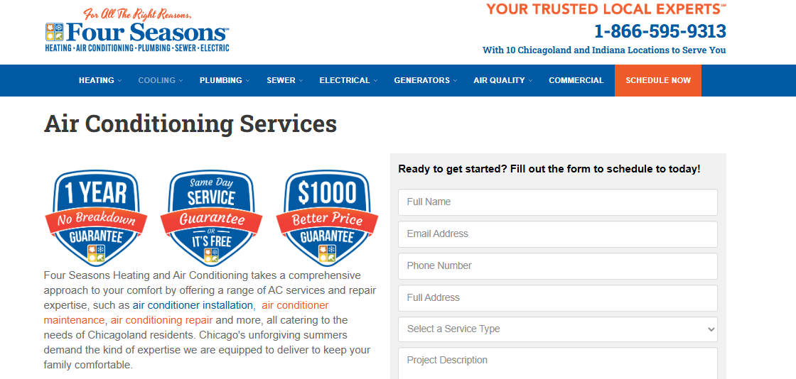 Four Seasons Chicago air conditioning services page showing multi-trade menu and same-day service guarantee badges