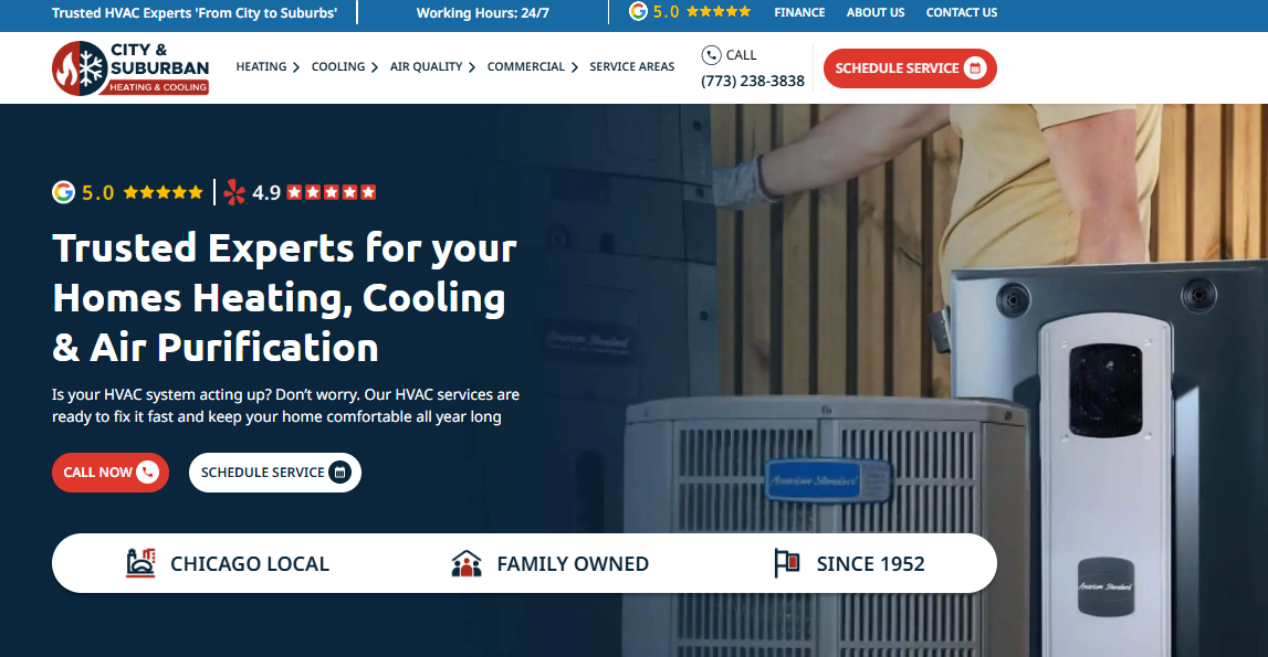 : City & Suburban Heating & Cooling homepage showing 5.0 Google rating, Chicago phone number and 1952 founding