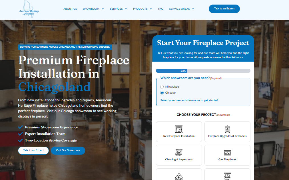 American Heritage Fireplace Chicago showroom page with project selector for installation, remodels, cleaning and inspections