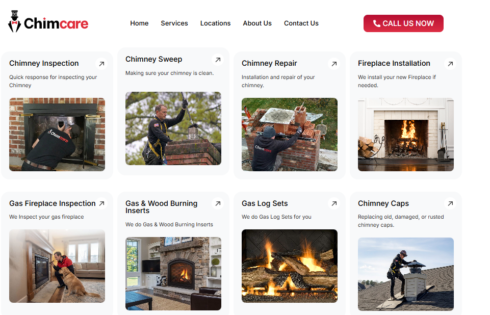 Chimcare service grid showing chimney inspection, sweeping, repair, fireplace installation and wood-burning inserts