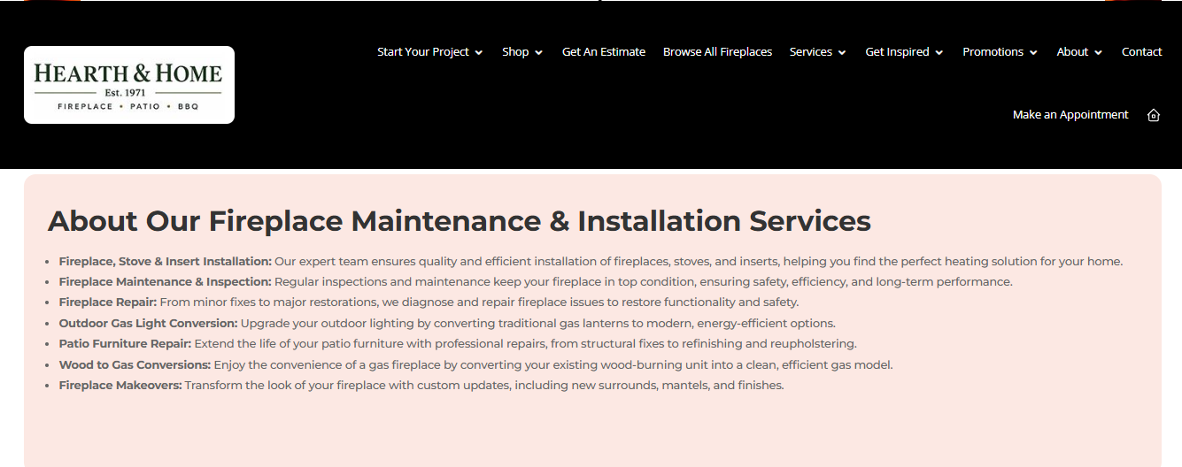 Hearth & Home service list covering fireplace, stove and insert installation, maintenance, inspection and repair