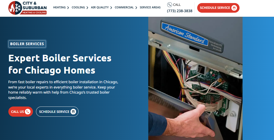 City & Suburban Heating & Cooling boiler services hero showing technician servicing an American Standard boiler