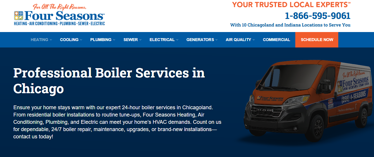  Four Seasons Heating and Air Conditioning professional boiler services page for Chicago with service van