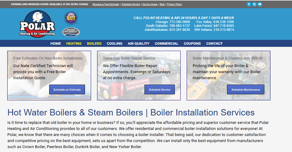 Polar Heating and Air Conditioning boilers page listing hot water and steam boiler installation services