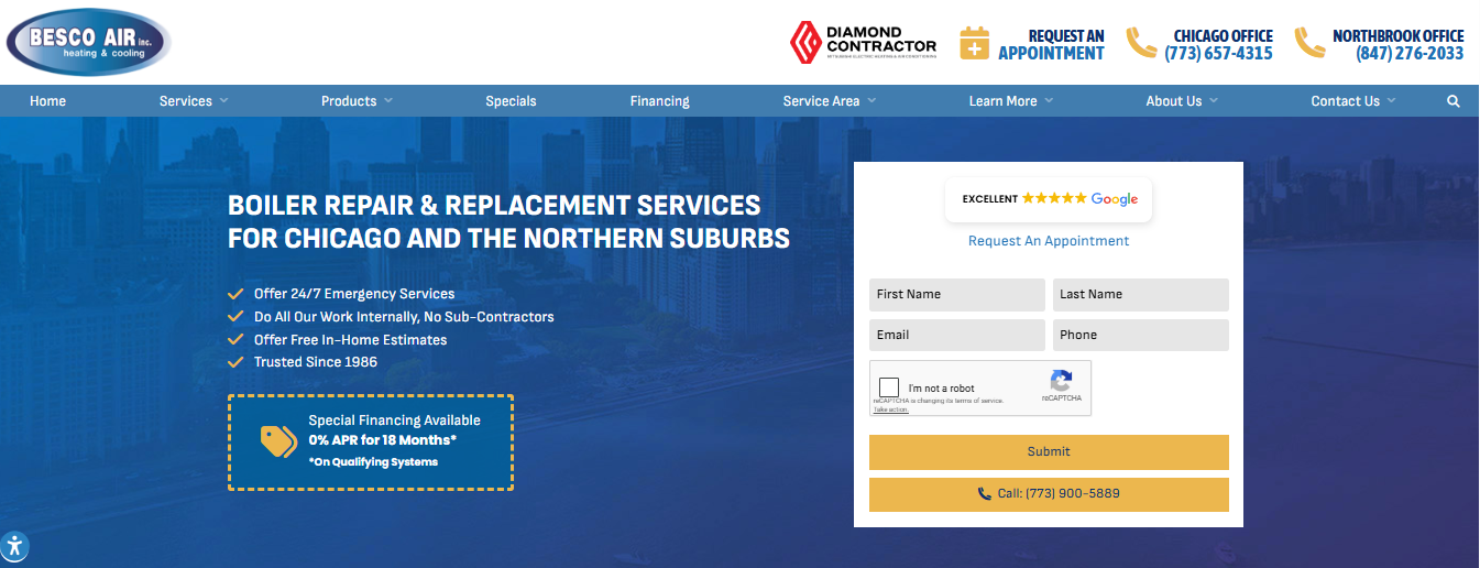 Besco Air boiler repair and replacement services page for Chicago and the northern suburbs