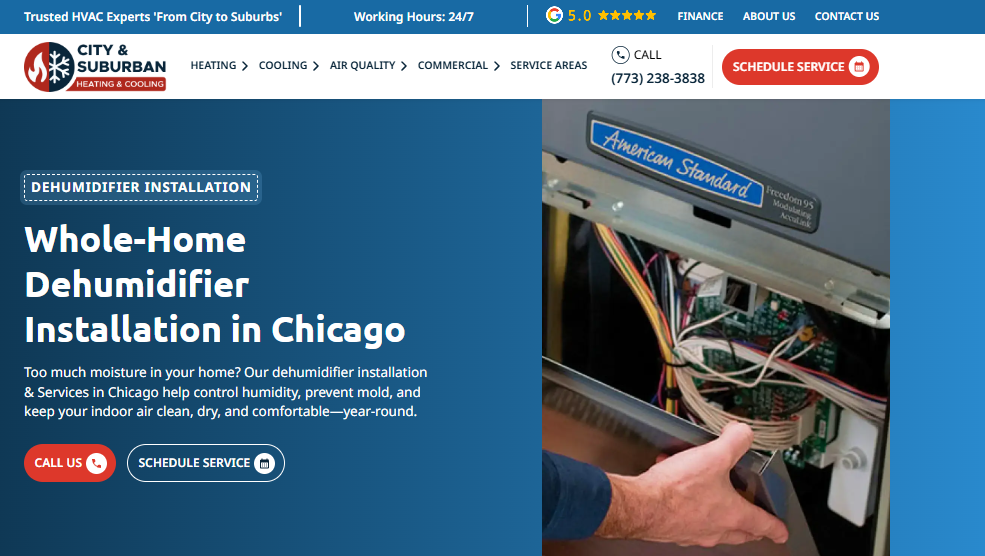 City & Suburban whole-home dehumidifier installation page for Chicago, with technician working on American Standard unit