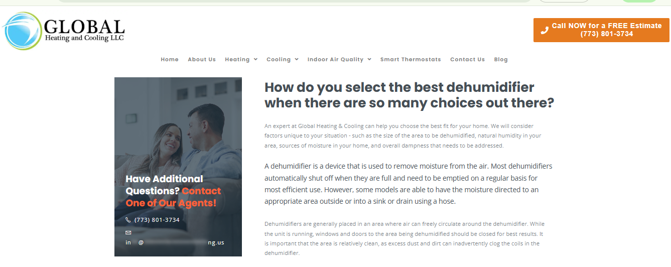 Global Heating and Cooling Chicago page explaining how to select the best dehumidifier for a damp home
