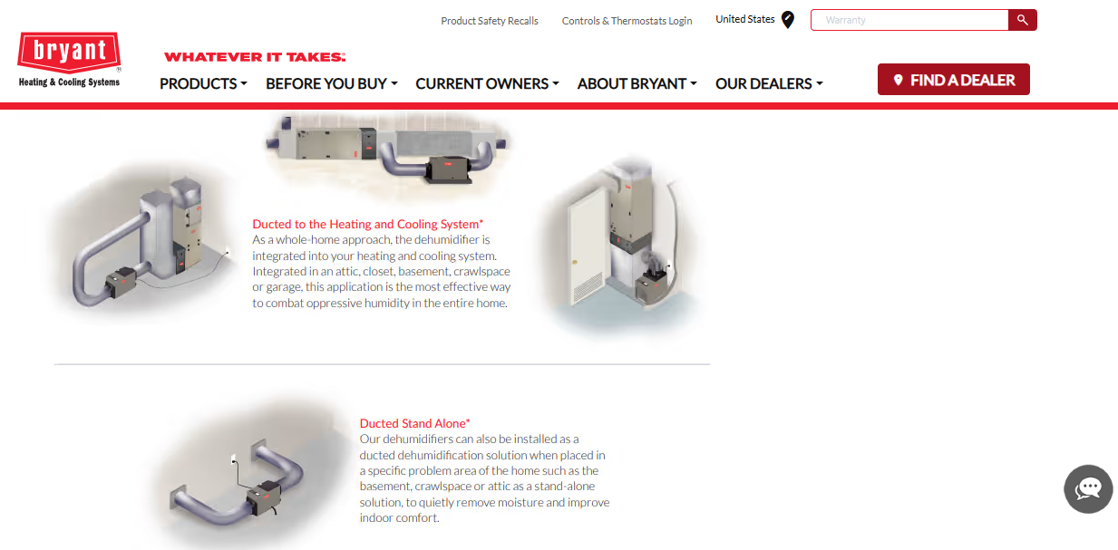  Bryant diagrams showing a dehumidifier ducted to the heating and cooling system versus a ducted stand-alone install