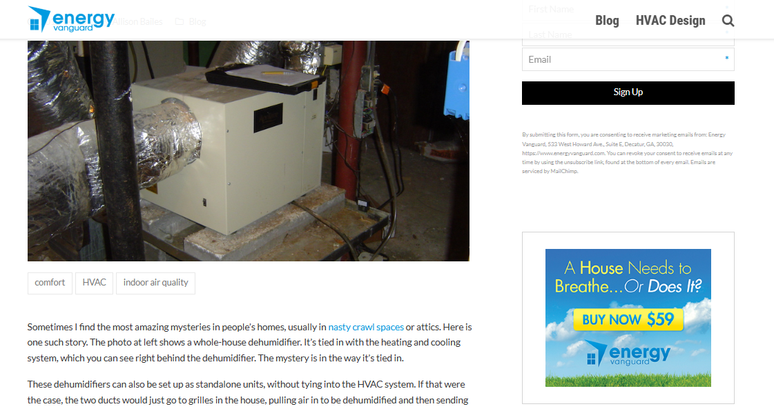 Energy Vanguard blog photo of a whole-house dehumidifier ducted into a heating and cooling system in a crawl space