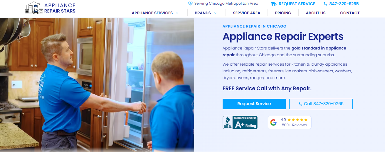 Appliance Repair Stars Chicago homepage listing kitchen and laundry appliance repair, BBB A+ rating and 4.9 Google score