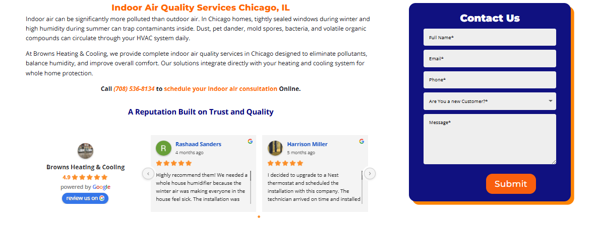 Browns Heating & Cooling indoor air quality page for Chicago with 4.9 Google rating and verified customer reviews