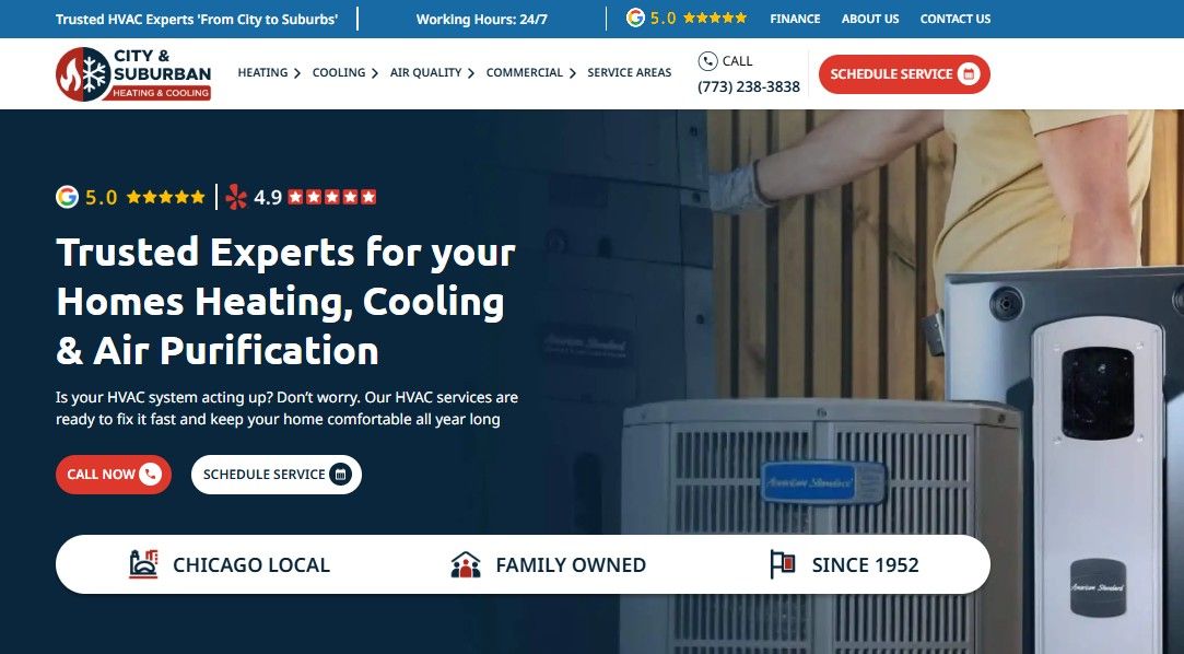 City & Suburban Heating & Cooling homepage showing 5.0 Google rating, 4.9 Yelp rating, family owned since 1952