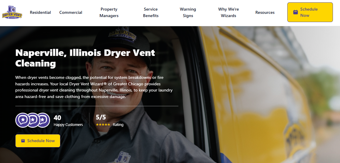 Dryer Vent Wizard of Greater Chicago Naperville dryer vent cleaning page with technician and 5/5 rating badge