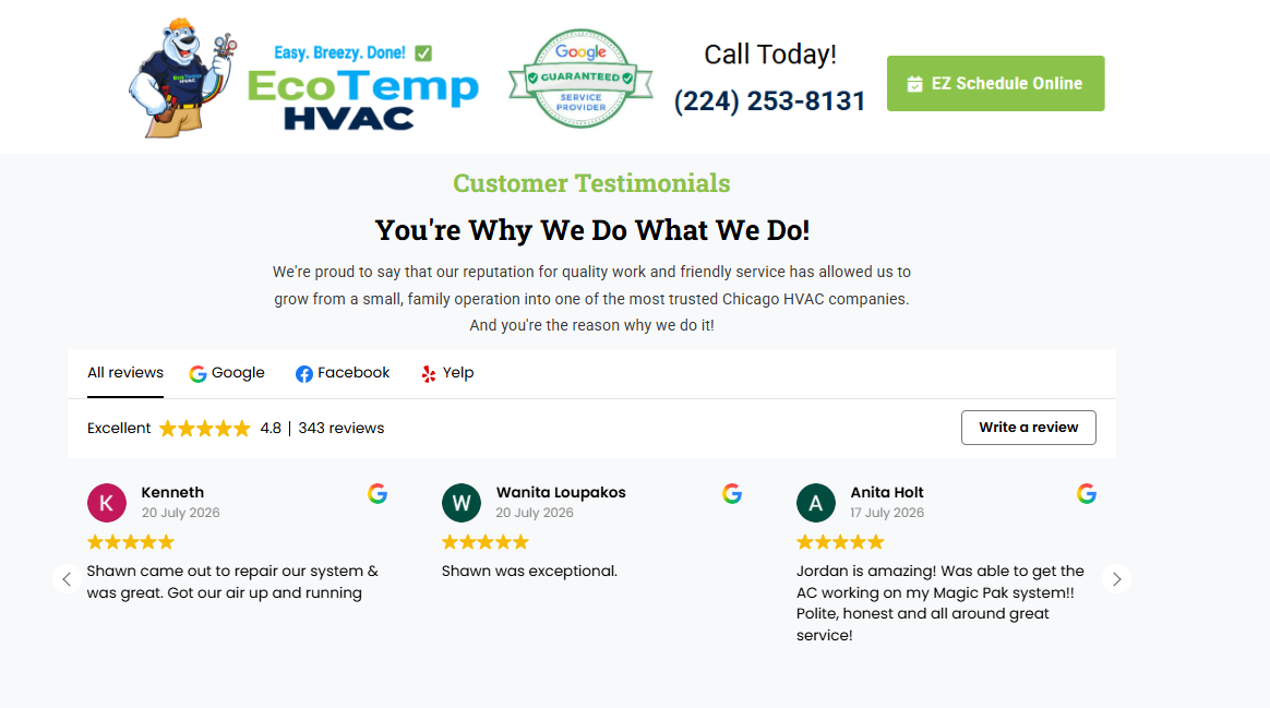 Eco Temp HVAC customer testimonials page showing 4.8 rating across 343 Chicago reviews