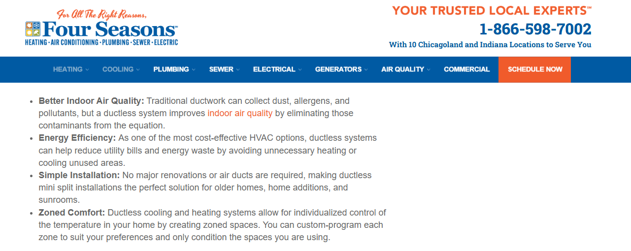 Four Seasons ductless mini-split benefits list covering air quality, efficiency, simple installation, and zoned comfort