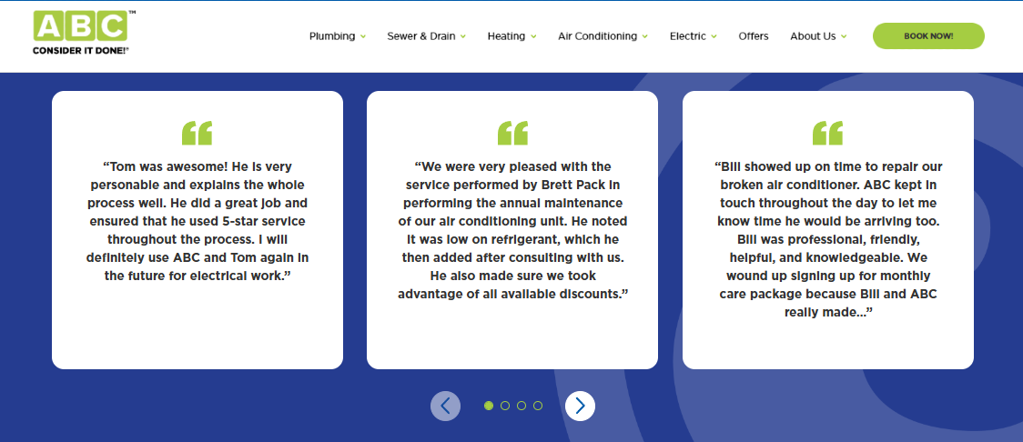 ABC Plumbing, Sewer, Heating, Cooling and Electric customer testimonial carousel covering AC repair and maintenance