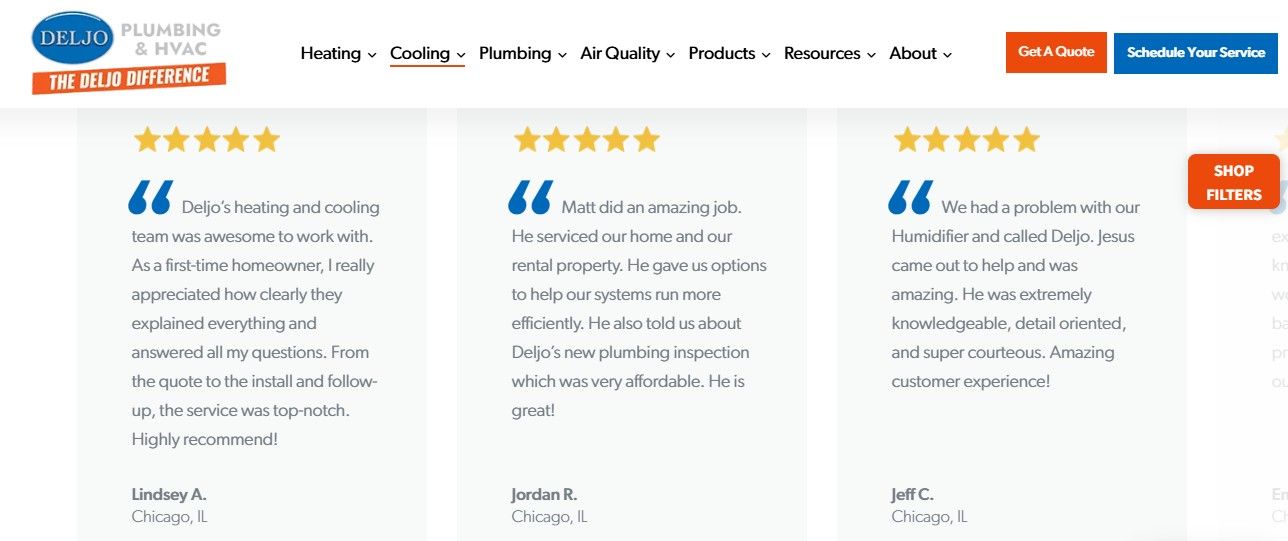Deljo Plumbing & HVAC five-star Chicago reviews describing cooling service, quotes, and follow-up