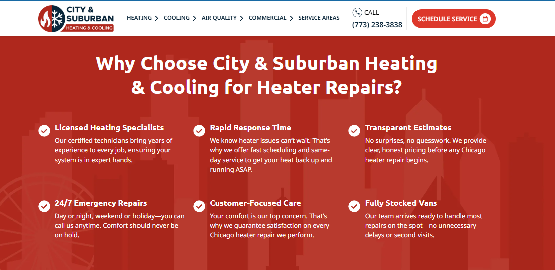 City & Suburban Heating & Cooling furnace repair page listing licensed technicians, rapid response, and transparent estimates